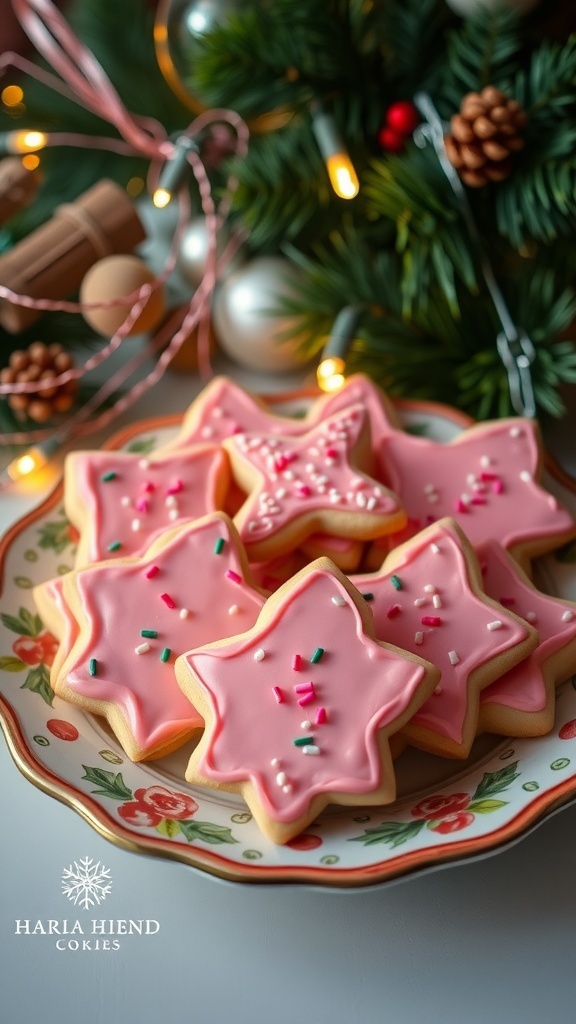 Pink Christmas Cookies Recipe A plate of pink Christmas cookies with icing and sprinkles, surrounded by festive decorations.